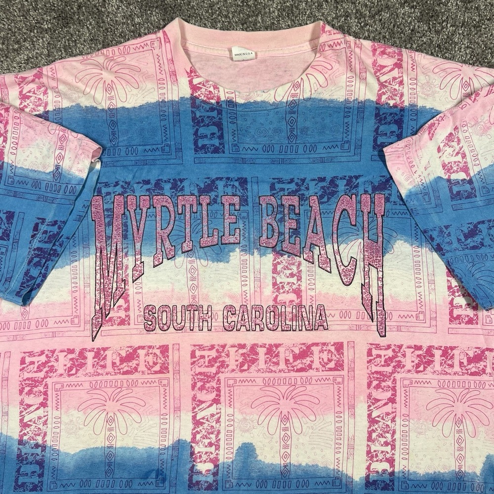 Vintage Myrtle Beach Shirt Mens XL Tye Dye AOP 90s Single Stitch Palm Boat Art